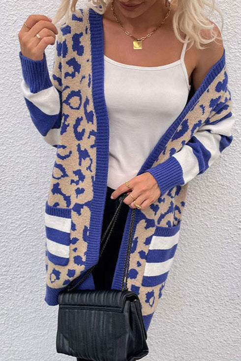 Stripe Sleeve Leopard Print Open Front Cardigan With Pockets